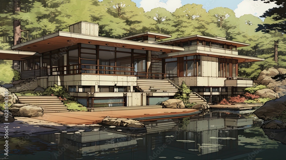 Obraz premium Pavilion in the park. AI generated art illustration.