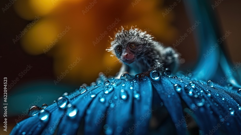 Tiny monkey creature in bright blue flower. Generative AI