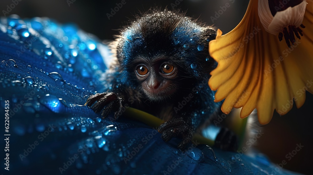 Tiny monkey in bright blue flower. Generative AI