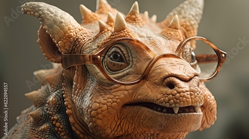 Dinosaur wearing glasses. Close-up dinosaur. In style of vector illustration. Generative AI © Soulmate