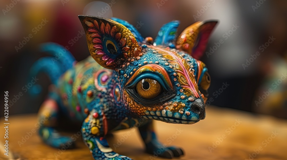 Alebrijes. Alebrije. Colorful creature toy. Multicolored fantastic creature figurine. Generative AI