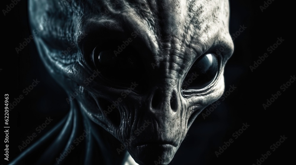 Mysterious alien. Close-up alien face. Black background. Generative AI Mysterious alien. Close-up alien face. Black background. Generative AI