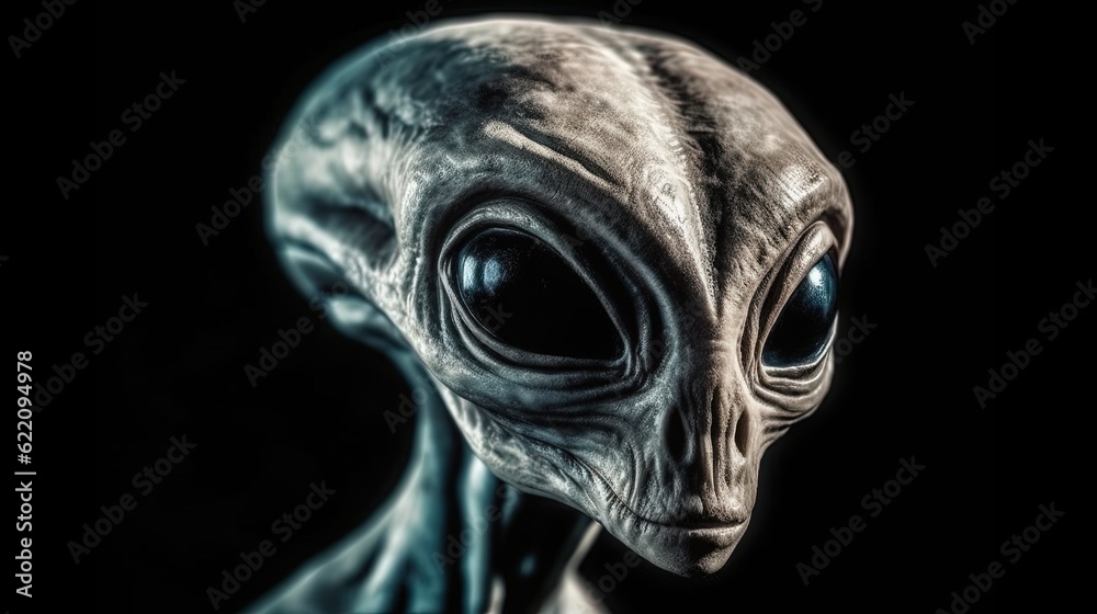 Mysterious alien. Close-up alien face. Black background. Generative AI Mysterious alien. Close-up alien face. Black background. Generative AI