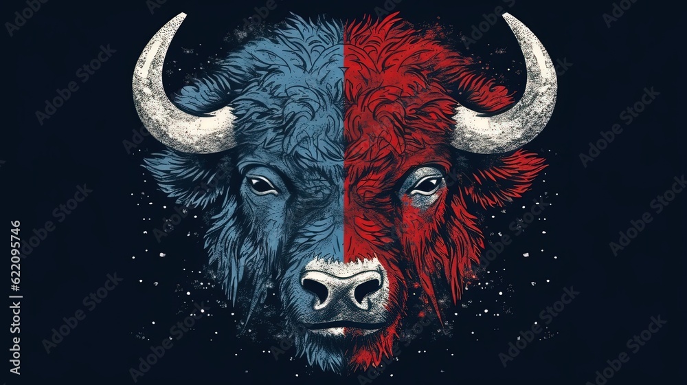 Bison. In style of graphic illustration. Blue and red. Generative AI Bison. In style of graphic illustration. Blue and red. Generative AI