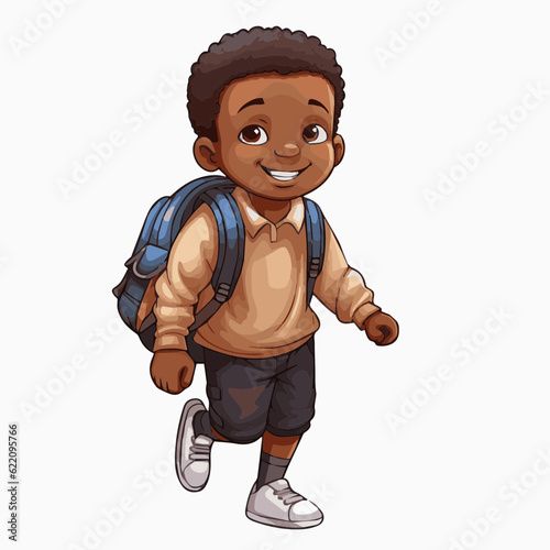 simple cartoon clipart black african american boy student child going to school white background