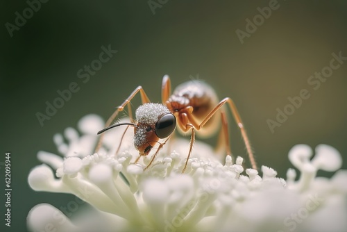 Ant on flower. Close-up. Generative AI