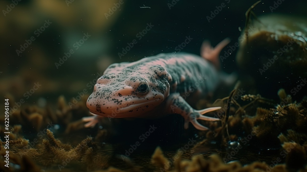 Axolotl. Underwater background. Generative AI Axolotl. Underwater background. Generative AI