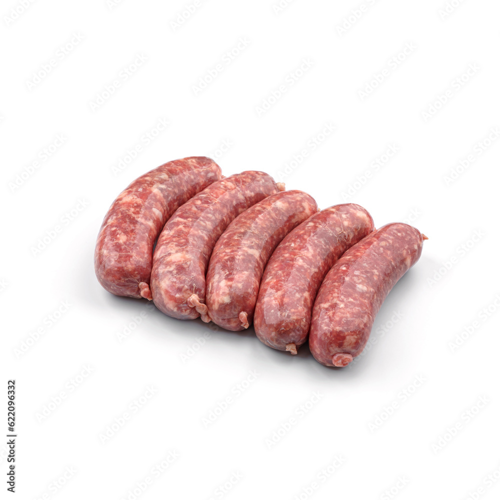 Raw meat sausages, Salsiccia Sausages isolated on white background. Meat food, top view Raw meat sausages, Salsiccia Sausages isolated on white background. Meat food, top view
