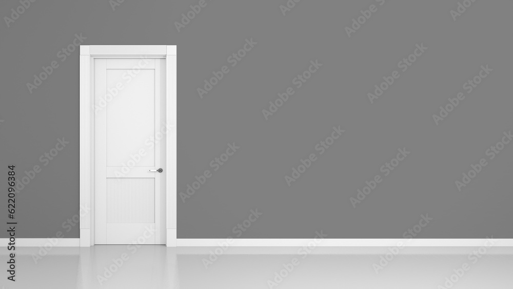 3D render of a grey wall and a door in an empty flat with space for your content 3D render of a grey wall and a door in an empty flat with space for your content