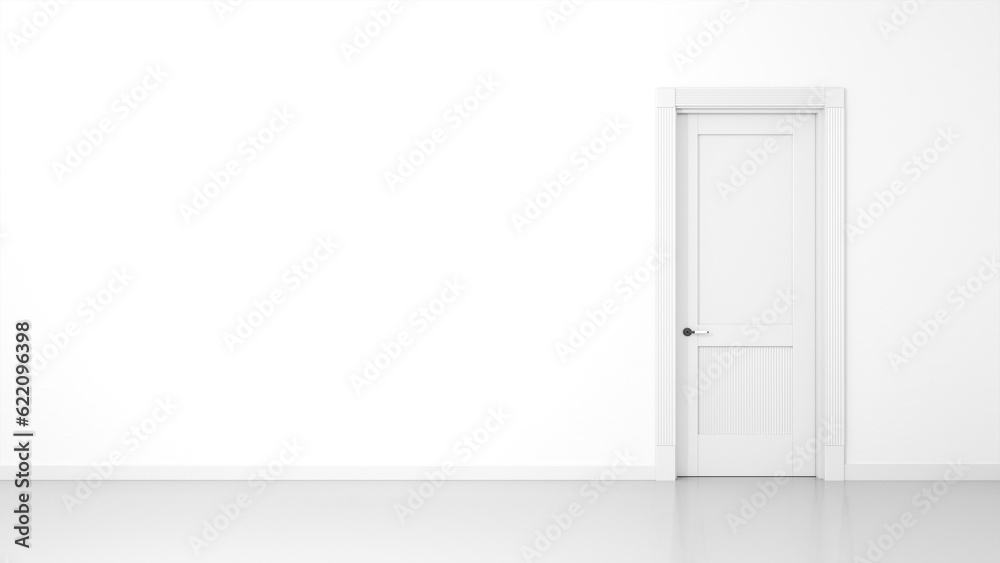 3D render of a white wall and a door in an empty flat with space for your content 3D render of a white wall and a door in an empty flat with space for your content