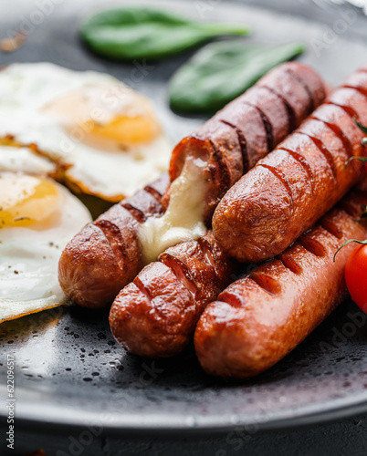 Grilled sausages with cheese on a plate on dark background. Meat food, close up