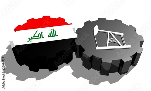 Cog wheels connection. Oil pump icon and Iraqflag on gears. Heavy and mining industry concept. 3D rendering photo