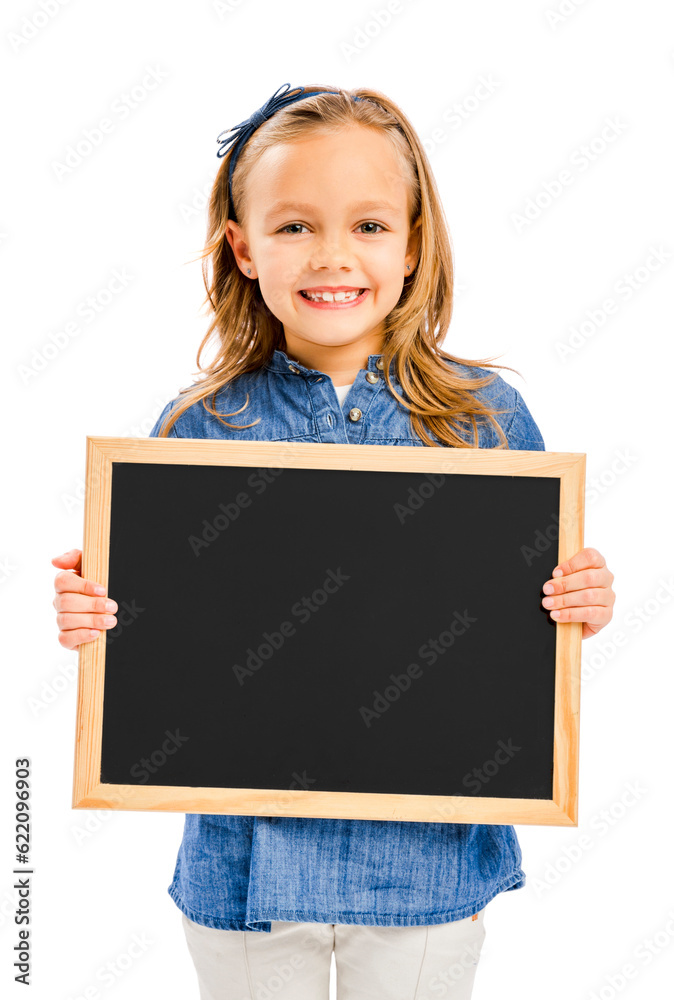 Cute little girl holding a chalkboard, isolated on white Cute little girl holding a chalkboard, isolated on white