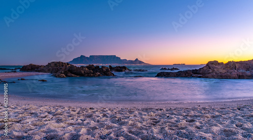 Beautiful Sunset: Breathtaking Panoramic View of Table Mountain, Cape Town - Scenic Beauty, Iconic Landmark, Captivating Sunset Colours