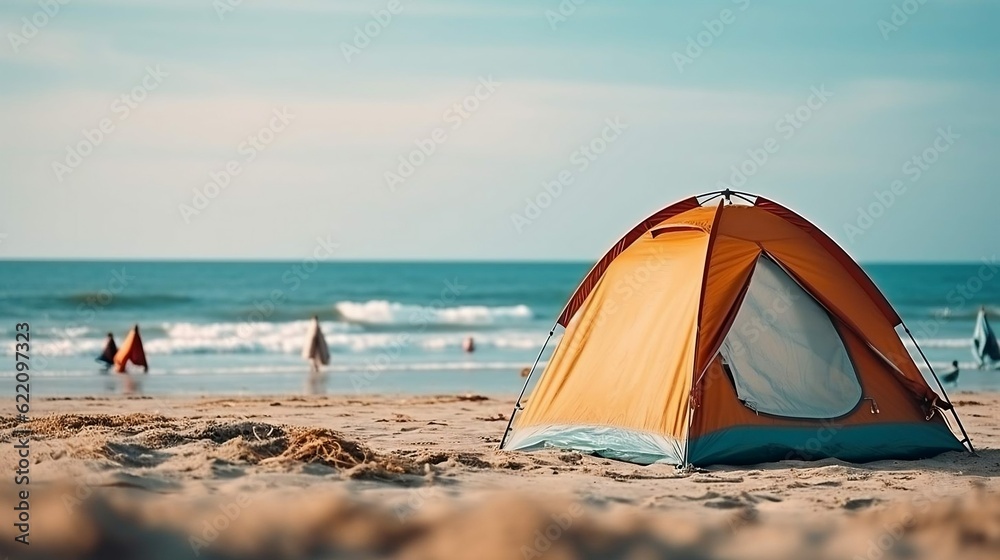 Camping tent nestled in the beachscape