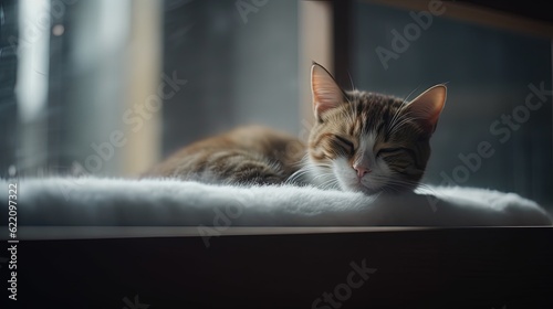 Cat sleeping on white plaid. Generative AI