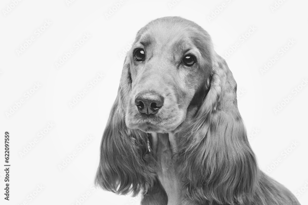 Portrait of beautiful young brown English cocker spaniel dog isolated over white background. Closeup studio shot. Copy space. Monochrome image. Portrait of beautiful young brown English cocker spaniel dog isolated over white background. Closeup studio shot. Copy space. Monochrome image.