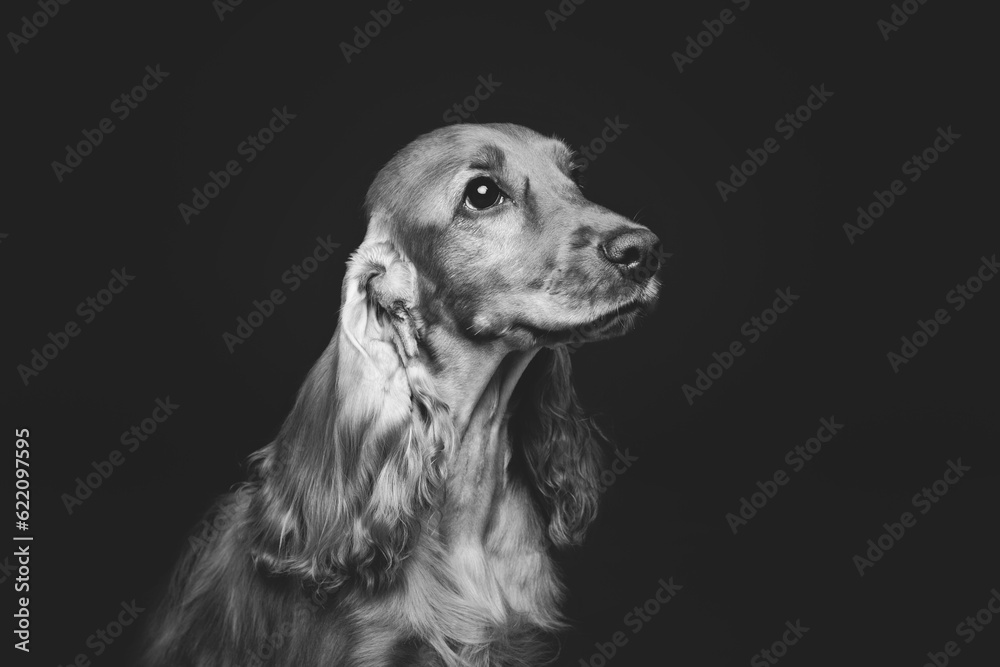 Portrait of beautiful young brown English cocker spaniel dog over black background. Closeup studio shot. Copy space. Monochrome. Portrait of beautiful young brown English cocker spaniel dog over black background. Closeup studio shot. Copy space. Monochrome.