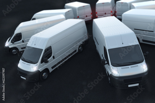 3D Rendering white trucks parked next to each other © Designpics