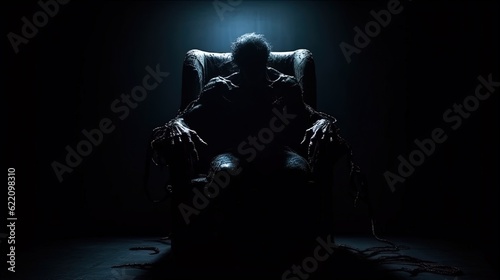 Silhouette of a scary man sitting on a chair in a extremely dark room. Generative AI