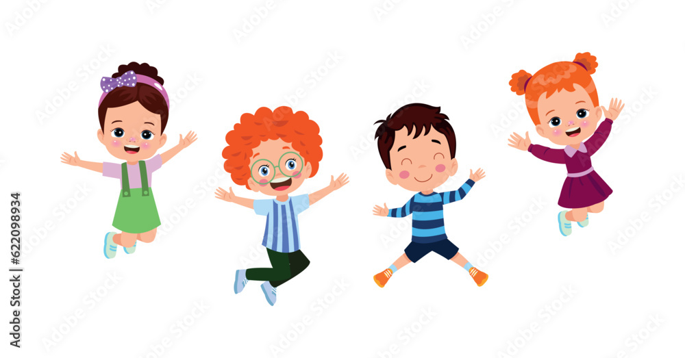 Jumping kids. Happy funny children playing and jumping in different action poses education little team vector characters. Illustration of kids and children fun and smile Jumping kids. Happy funny children playing and jumping in different action poses education little team vector characters. Illustration of kids and children fun and smile