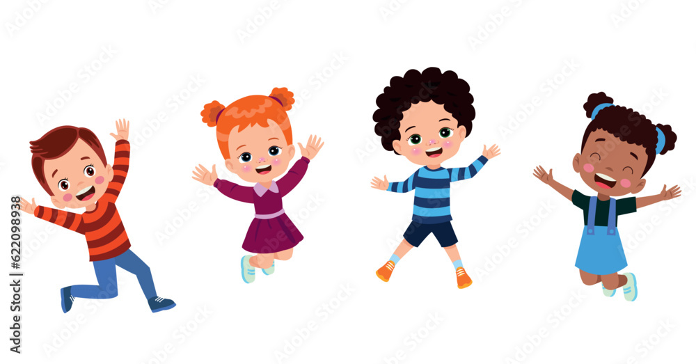 Jumping kids. Happy funny children playing and jumping in different action poses education little team vector characters. Illustration of kids and children fun and smile Jumping kids. Happy funny children playing and jumping in different action poses education little team vector characters. Illustration of kids and children fun and smile