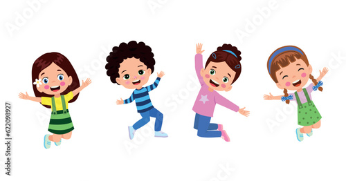 Jumping kids. Happy funny children playing and jumping in different action poses education little team vector characters. Illustration of kids and children fun and smile