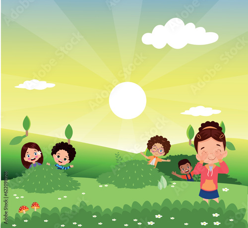cute happy kids playing hide and seek