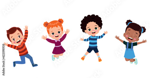 Jumping kids. Happy funny children playing and jumping in different action poses education little team vector characters. Illustration of kids and children fun and smile
