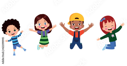 Jumping kids. Happy funny children playing and jumping in different action poses education little team vector characters. Illustration of kids and children fun and smile