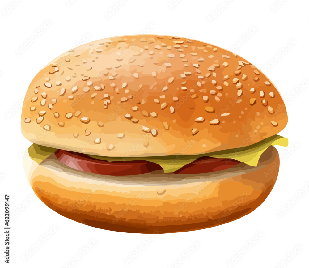 Grilled burger on sesame bun, fresh toppings Grilled burger on sesame bun, fresh toppings