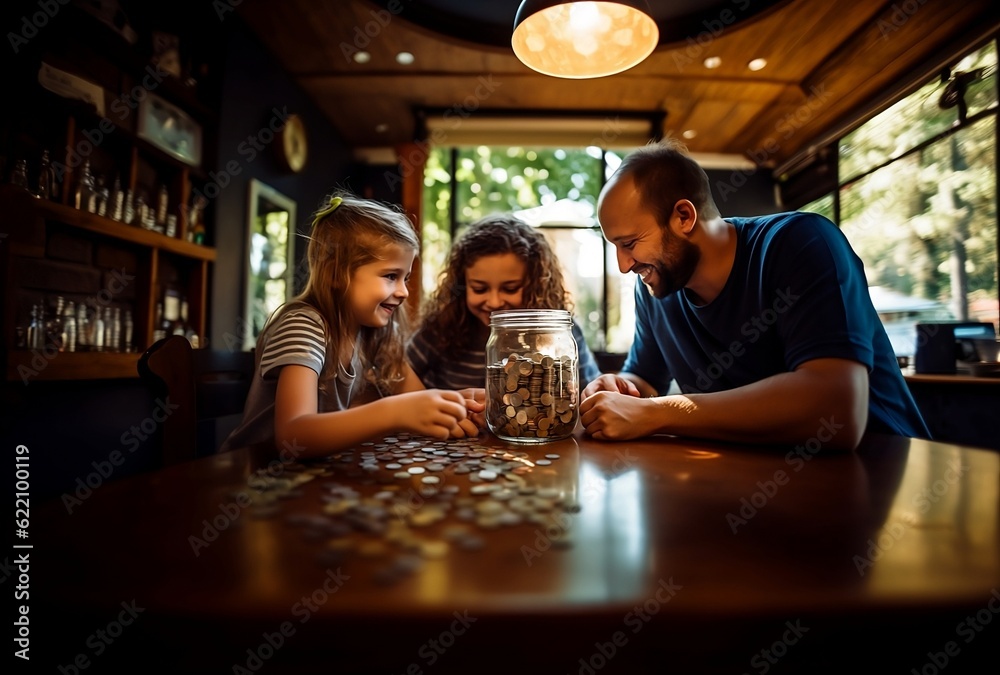 multicultural family saving money,  A Smiling Family Cultivates Financial Responsibility, Happy Family Savings, Building a Bright Future Together, Playful Money Lessons with family.