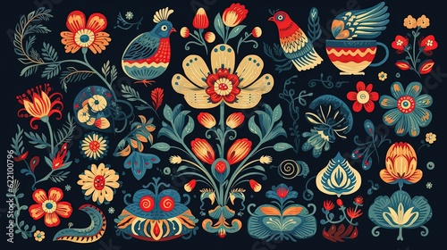 Wallpaper Mural Folk flower patterns. Flowers. Generative AI Torontodigital.ca