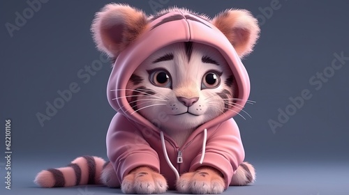 Cartoon tiger wearing pink sweater. Close-up cute baby tiger character. Happy. Generative AI