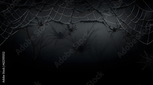 Foto Real creepy spider webs silhouette isolated on black banner panorama - Halloween
