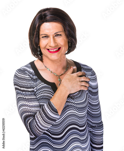 Happy smiling Hispanic transgender woman on white background photo