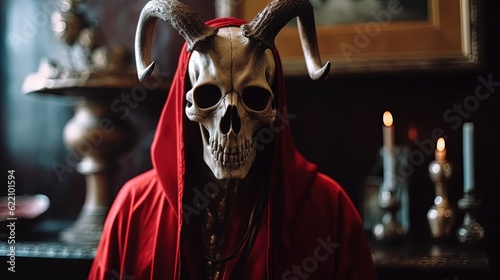 Horned skeleton wearing red robe. Skull. Generative AI