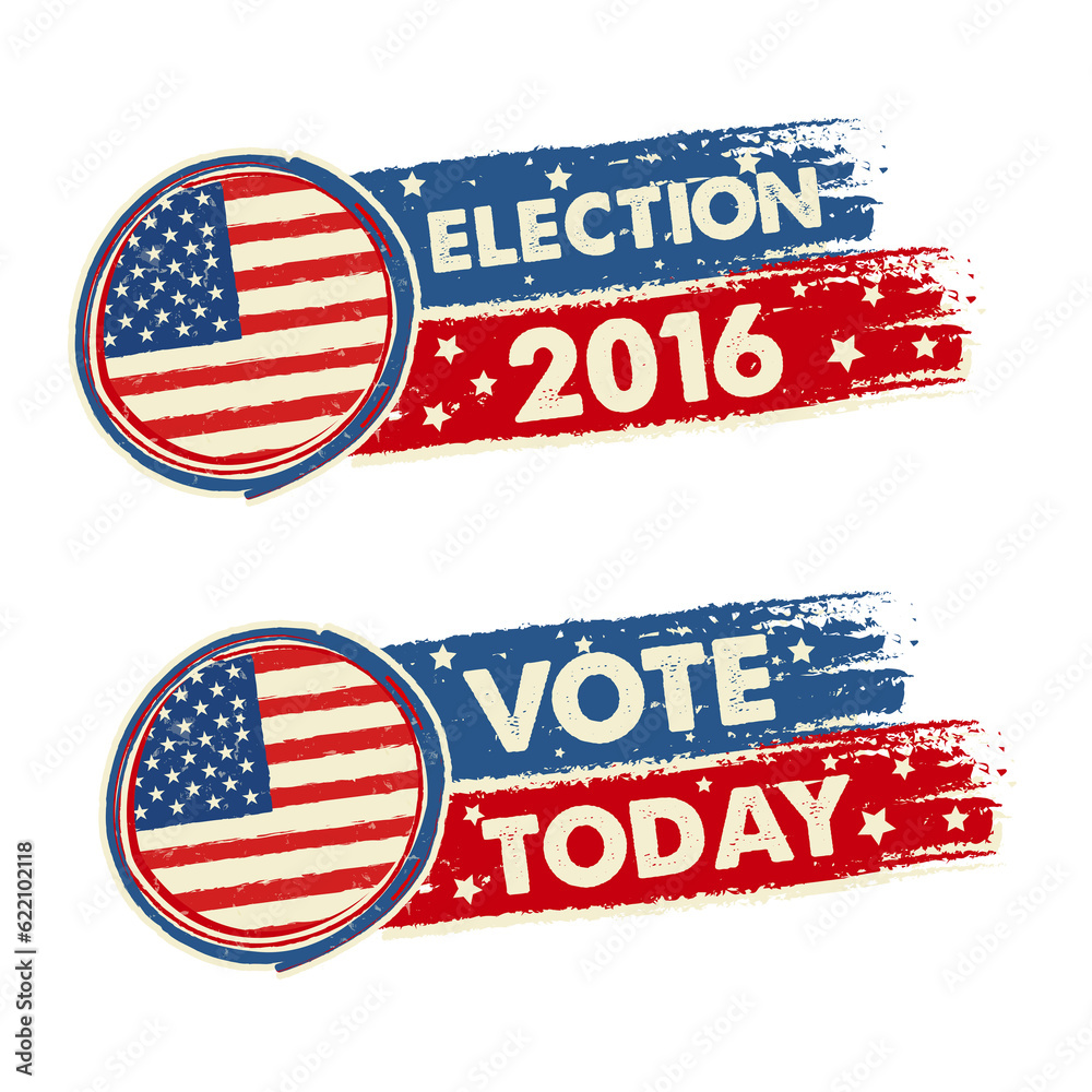 USA election 2016 and vote today with american flag, text drawn banners, political concept USA election 2016 and vote today with american flag, text drawn banners, political concept