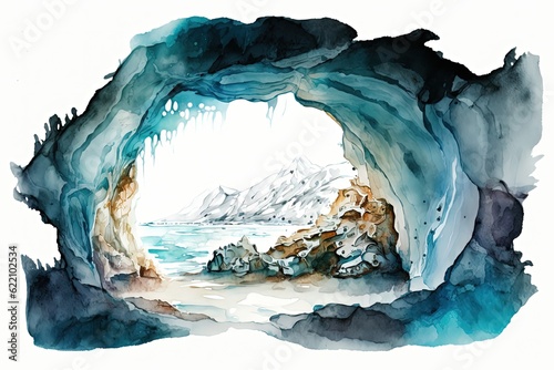 Inside of cave in style of watercolor illustration. Generative AI