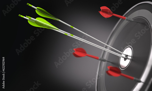 Three green arrows hitting the center of a black target and 3 darts out of the objective. Business strategy or competitive advantage concept. Space for text can be added on the left side of the image. photo