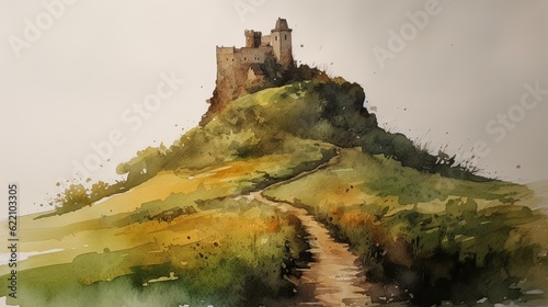 Medieval castle on a hill in style of watercolor illustration. Generative AI