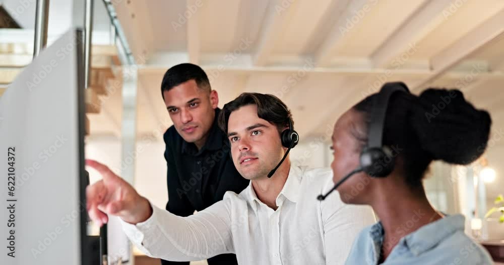 Businessman, coach and call center in teamwork for customer service, telemarketing or support at office. Man coaching woman consultant, agent or staff in sales, help or online advice at the workplace