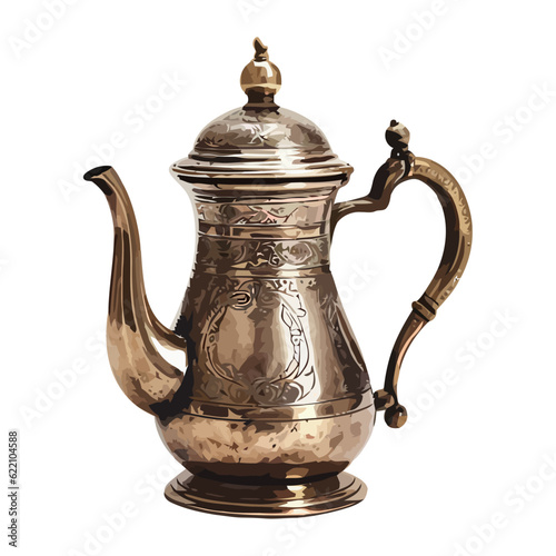 Ornate antique teapot with brass handle and decoration