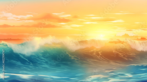sunset and sea wave in pastel soft colors landscape, generative ai