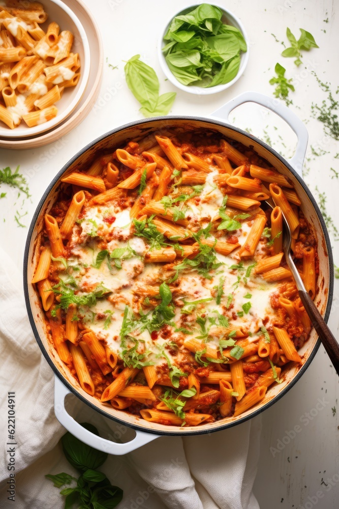 baked italian ziti in dutch oven made with penne pasta, tomato sauce