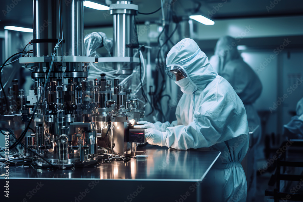 A man in a lab coat working on a machine. Generative AI. Workers in protective wear in industrial manufacturing cleanroom environment. A man in a lab coat working on a machine. Generative AI. Workers in protective wear in industrial manufacturing cleanroom environment.