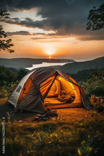 Tent in nature travel vacation concept Generative Ai