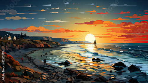 A painting of a sunset over the ocean. Generative AI.