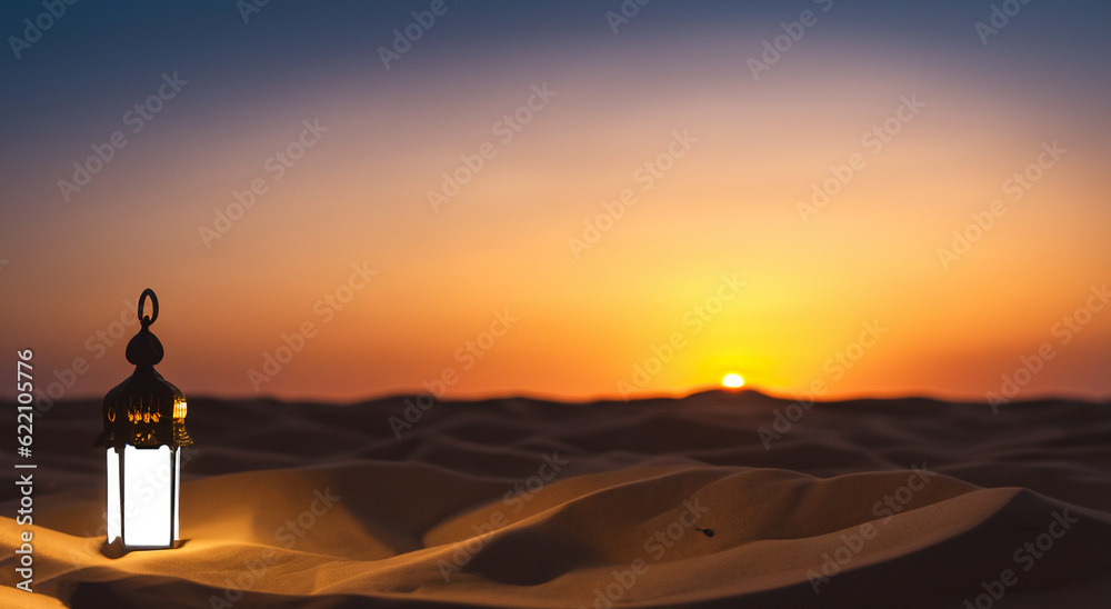 beautiful lamp shining in the middle of the desert with an amazing sunset in the background in high resolution