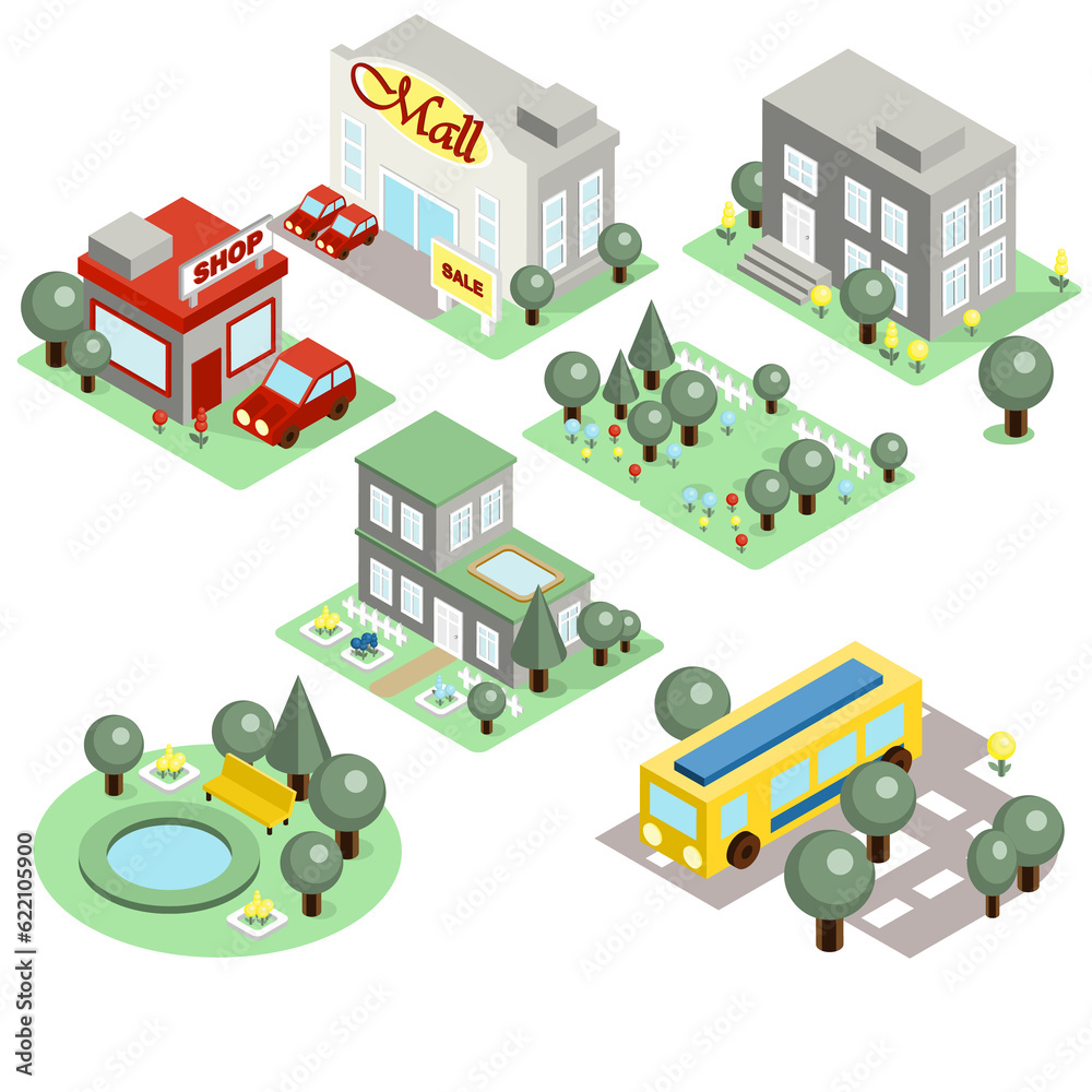 Set of the isometric city buildings, shops and other elements Set of the isometric city buildings, shops and other elements